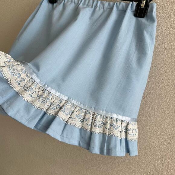 handmade blue white linen blend crochet lace trim mini skirt - Picture 6 of 9